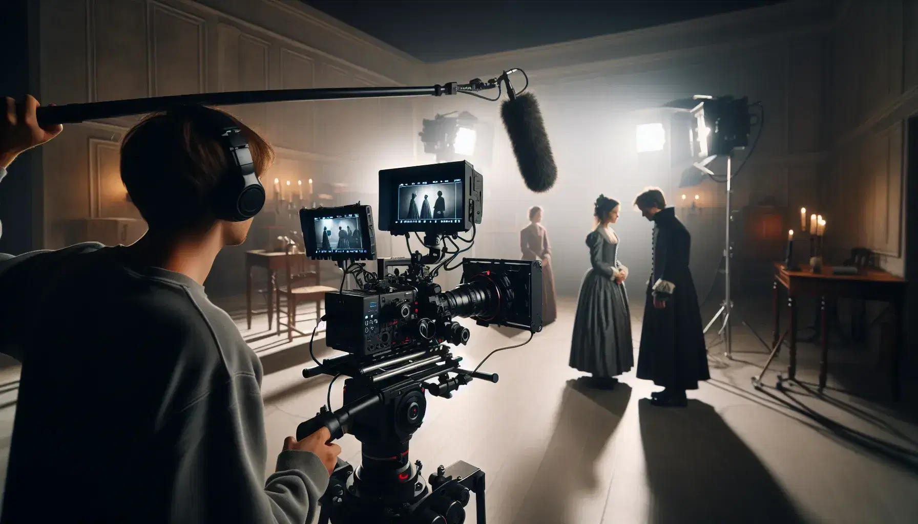 Escena de rodaje con cámara de cine digital y operador, técnico de sonido con micrófono boom, actores en vestuario de época y luces de estudio.