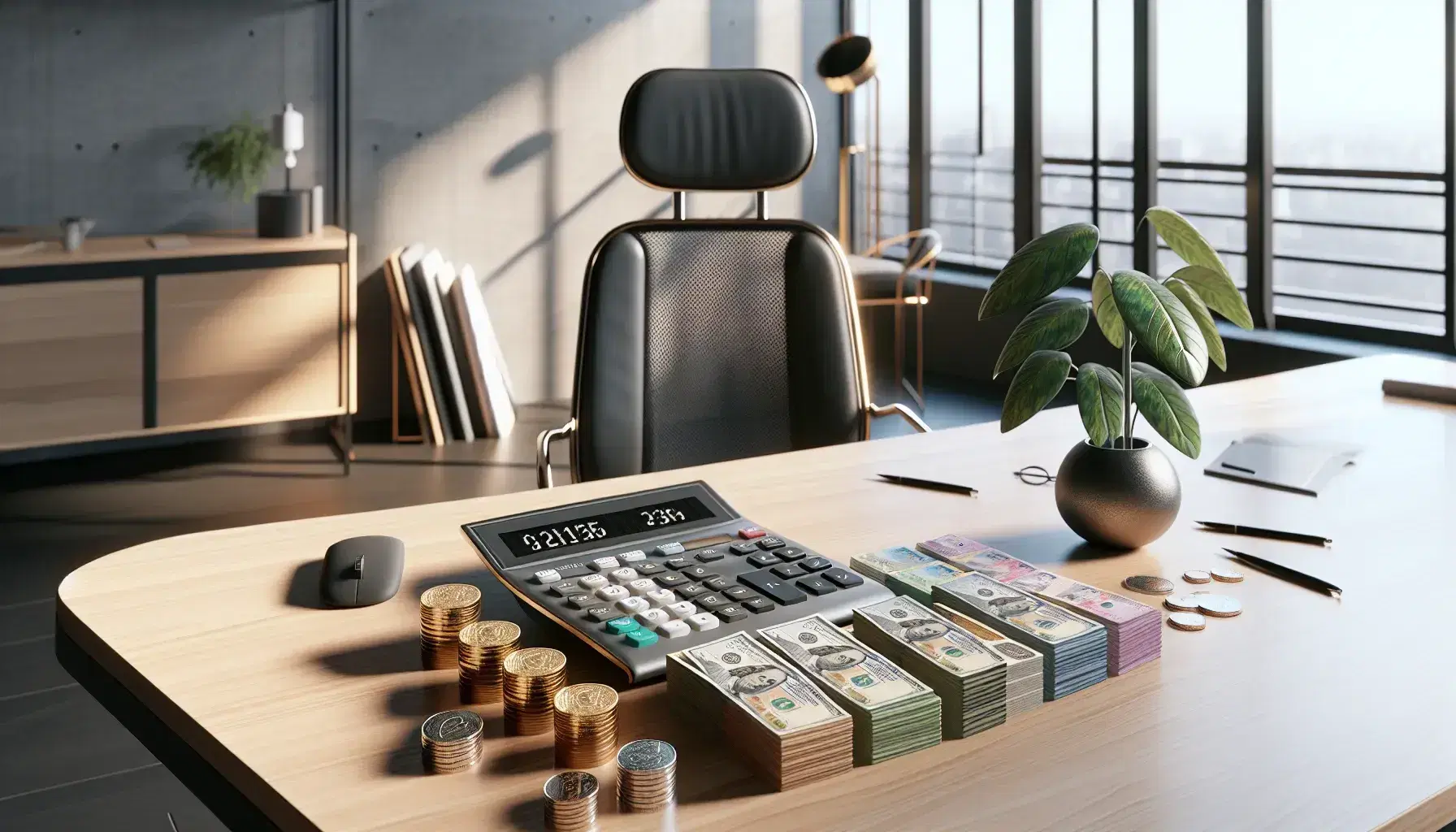 Oficina moderna con mesa de madera, calculadora gris, billetes de distintas denominaciones y monedas, silla ergonómica y planta interior, bajo luz natural.