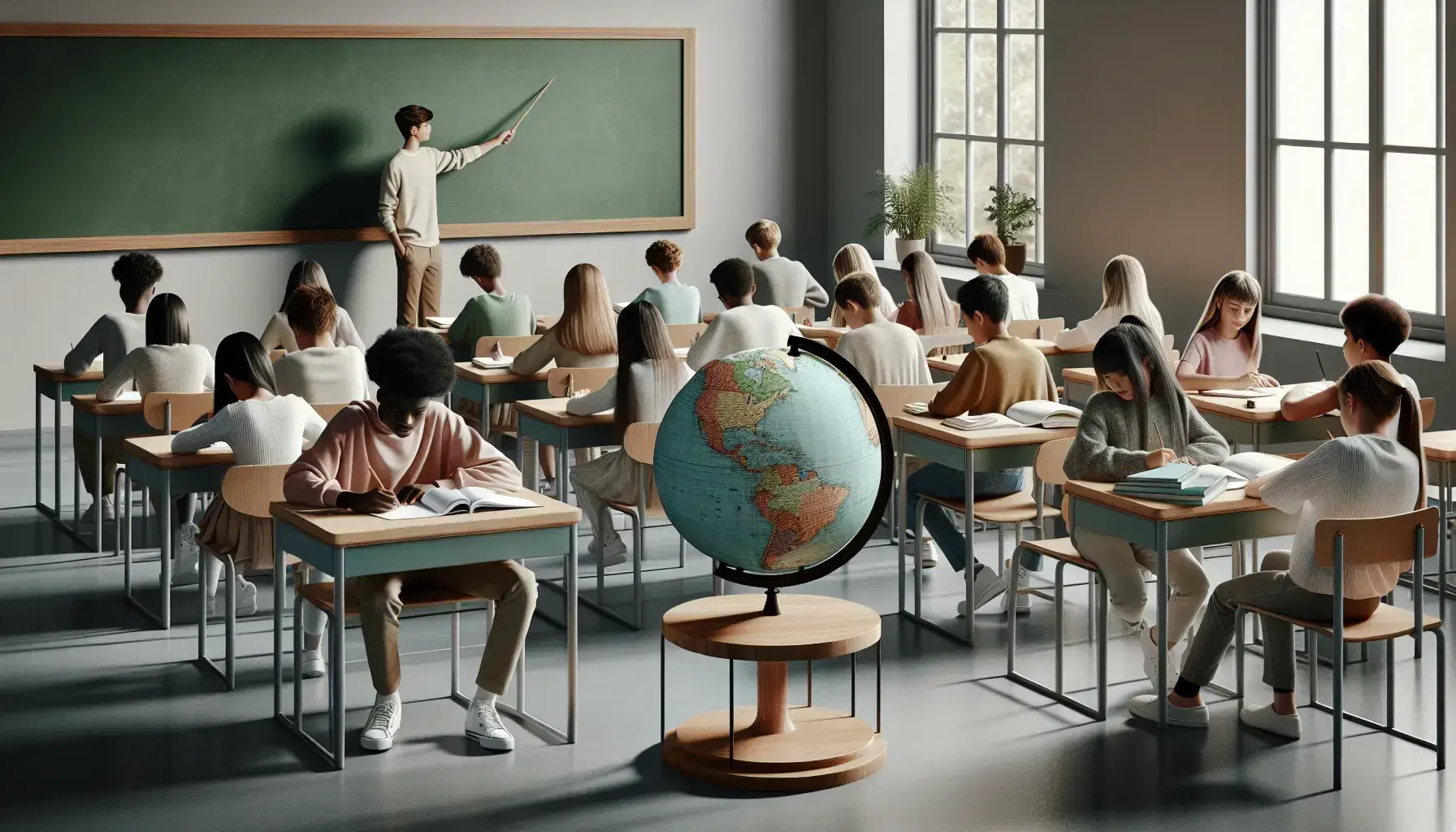 Aula multicultural con estudiantes concentrados en sus tareas, un globo terráqueo en el centro y un profesor señalándolo, en un ambiente iluminado y sin texto visible.