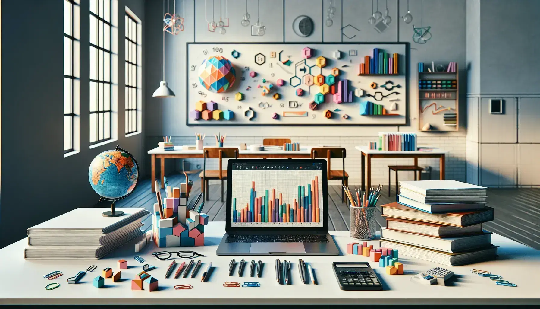 Tavolo da laboratorio universitario con laptop, grafici colorati, libri, calcolatrice scientifica, globo e lavagna magnetica con forme geometriche.