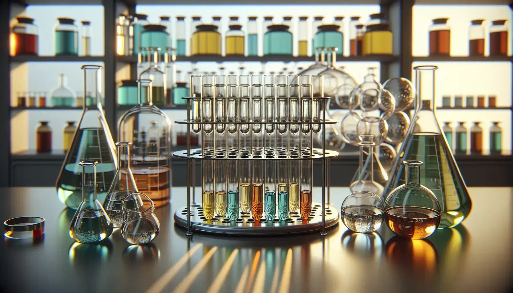 Tubos de ensayo de vidrio con líquidos de colores en gradilla metálica, frascos en estante y material de laboratorio con luz reflejante.