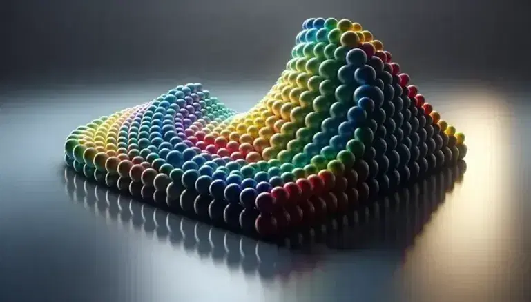 Esferas multicolores en formación curva simétrica sobre superficie lisa reflejante, con efecto de brillo y sombra que aporta tridimensionalidad.