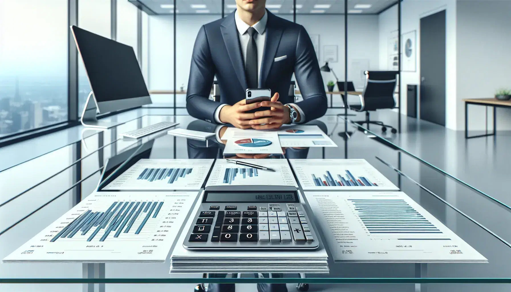 Modern office setting with a central glass table featuring a calculator, printed charts, and a professional in a navy blazer holding a smartphone, with a computer and window in the background.
