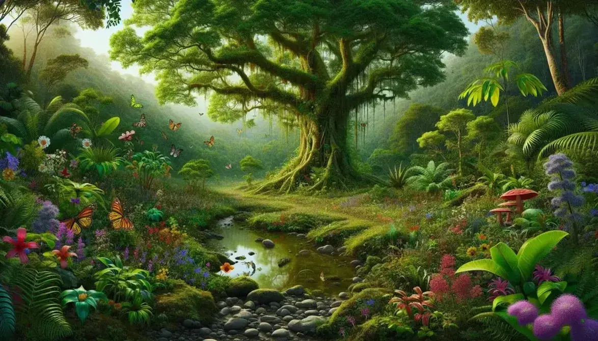 Foresta pluviale rigogliosa con grande albero, fiori colorati, ruscello, farfalle, lucertola su roccia e uccello su ramo.