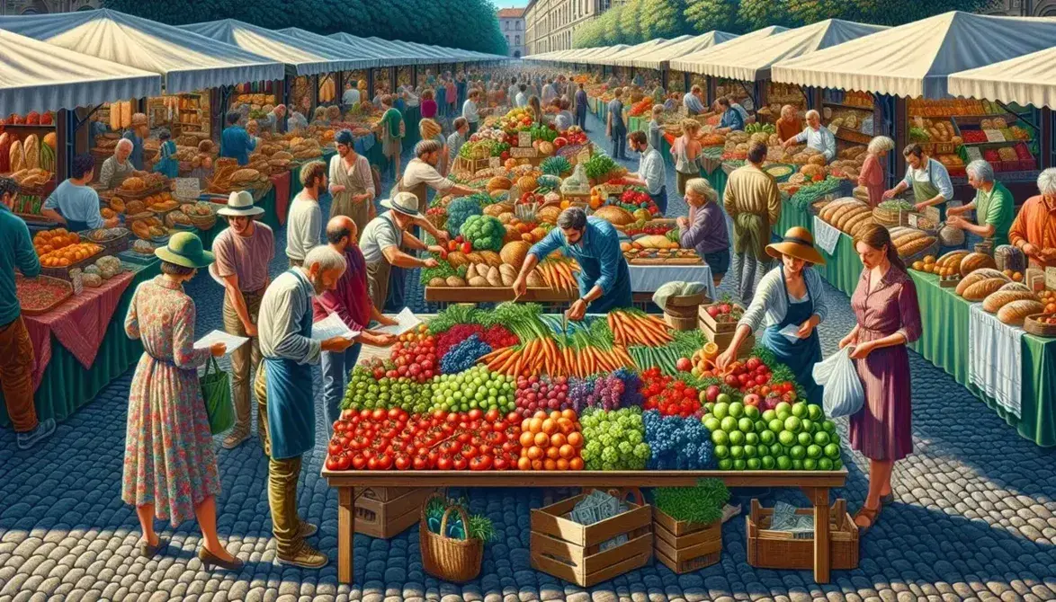 Mercado al aire libre con mesas de frutas y verduras frescas, clientes comprando y vendedores atendiendo, bajo un cielo azul claro y árboles verdes.