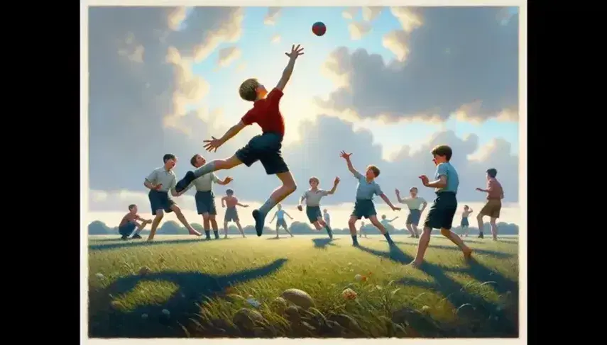 Niños jugando en un campo verde, uno saltando en el aire, otro girando y un tercero lanzando una pelota roja bajo un cielo azul.