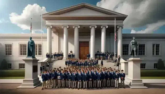 Grupo de estudiantes con uniformes azul marino y blanco frente a edificio clásico con columnas, acompañados de un profesor, bajo cielo azul claro.