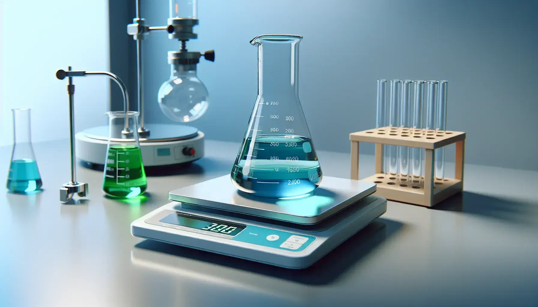Laboratory with digital scale and beaker with blue liquid, graduated cylinder with green liquid and empty test tubes on wooden stand.