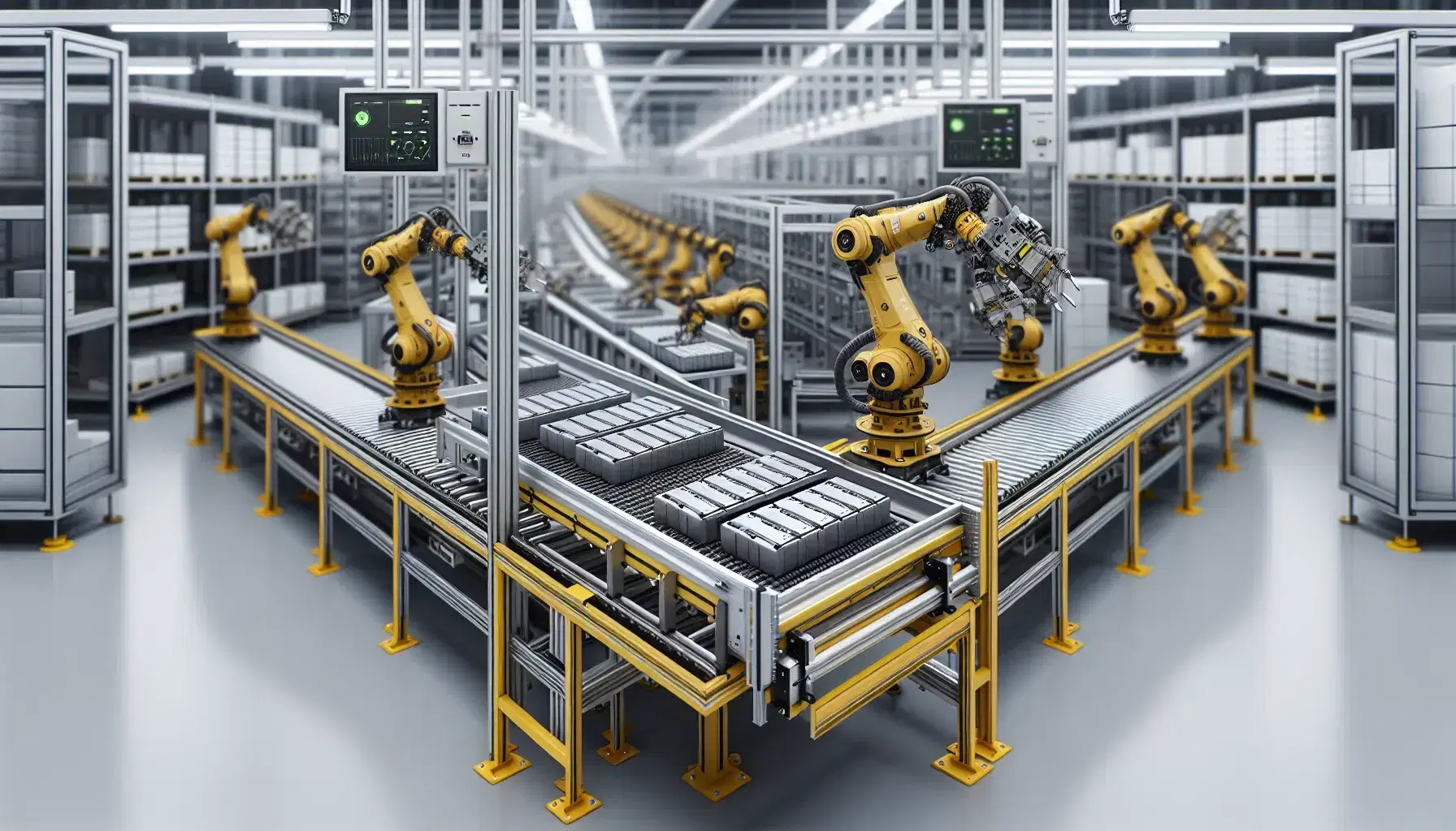 Línea de montaje automatizada en fábrica con brazos robóticos amarillos manipulando piezas rectangulares en una cinta transportadora gris, estantes metálicos al fondo.