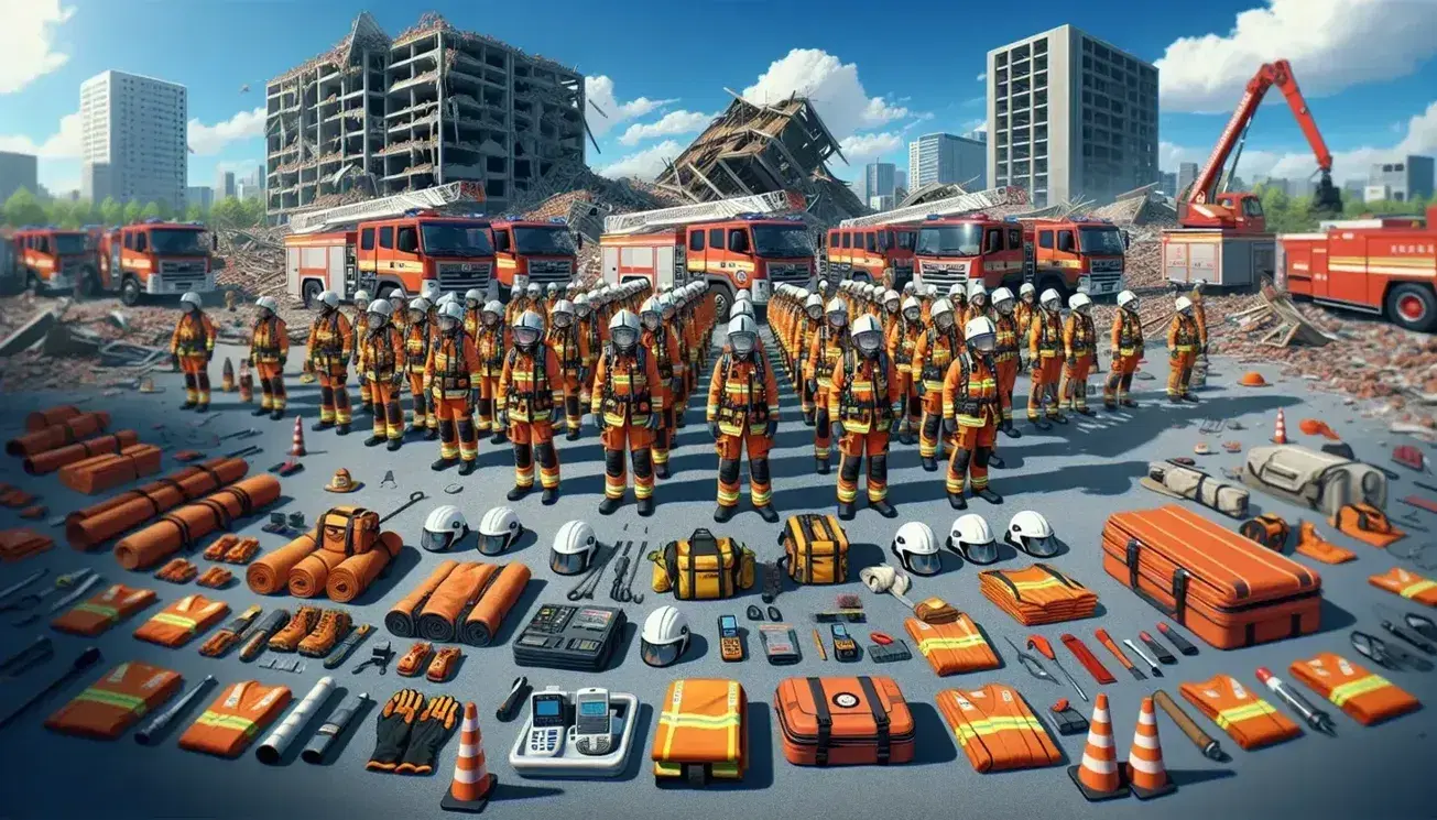 Bomberos en uniforme naranja y cascos blancos listos para la acción frente a un camión de bomberos rojo y un edificio colapsado, con equipo de emergencia en primer plano.