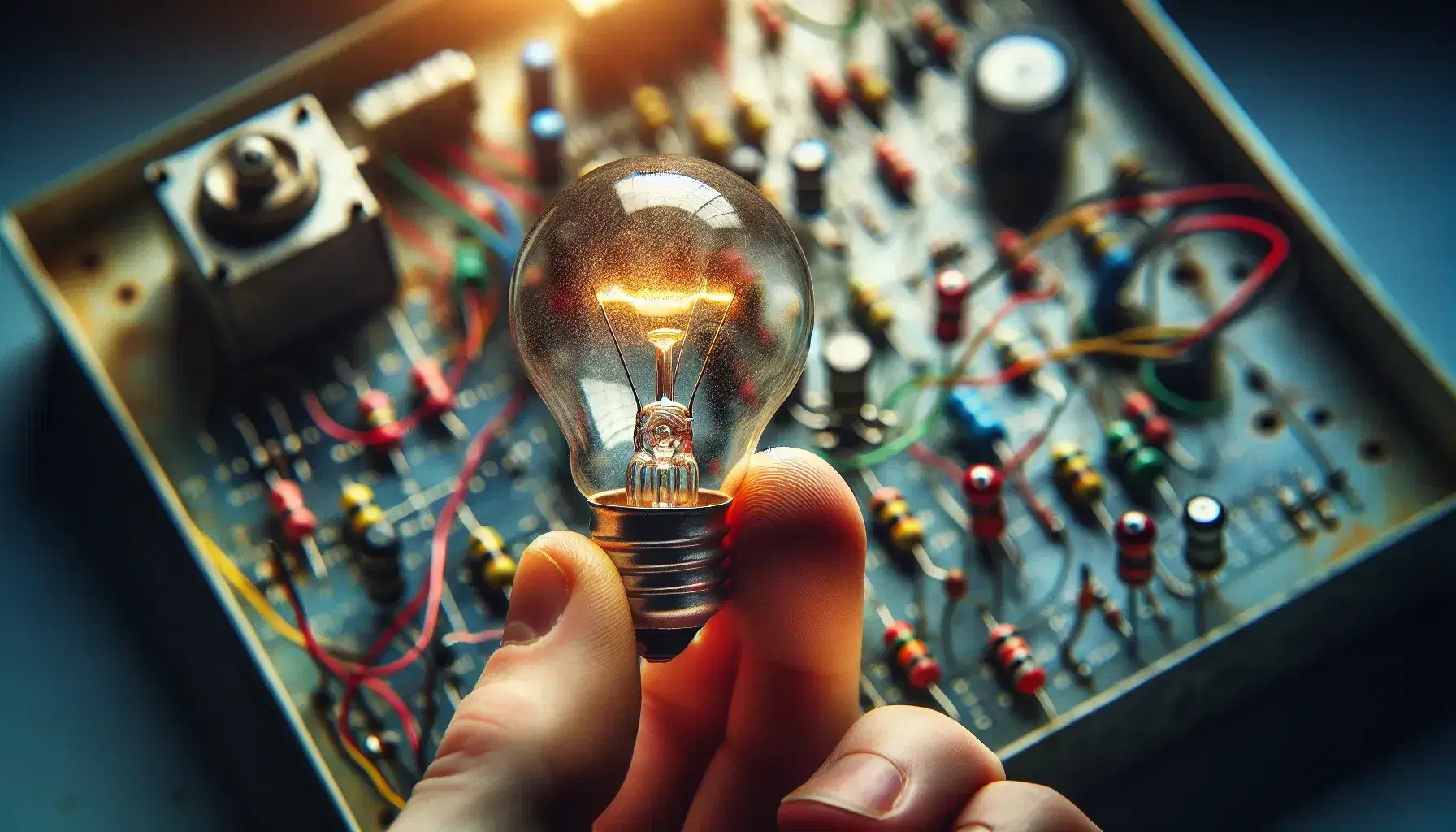 Mano che tiene una piccola lampadina incandescente accesa con filamento visibile, su sfondo sfocato con circuito elettrico e fili colorati.
