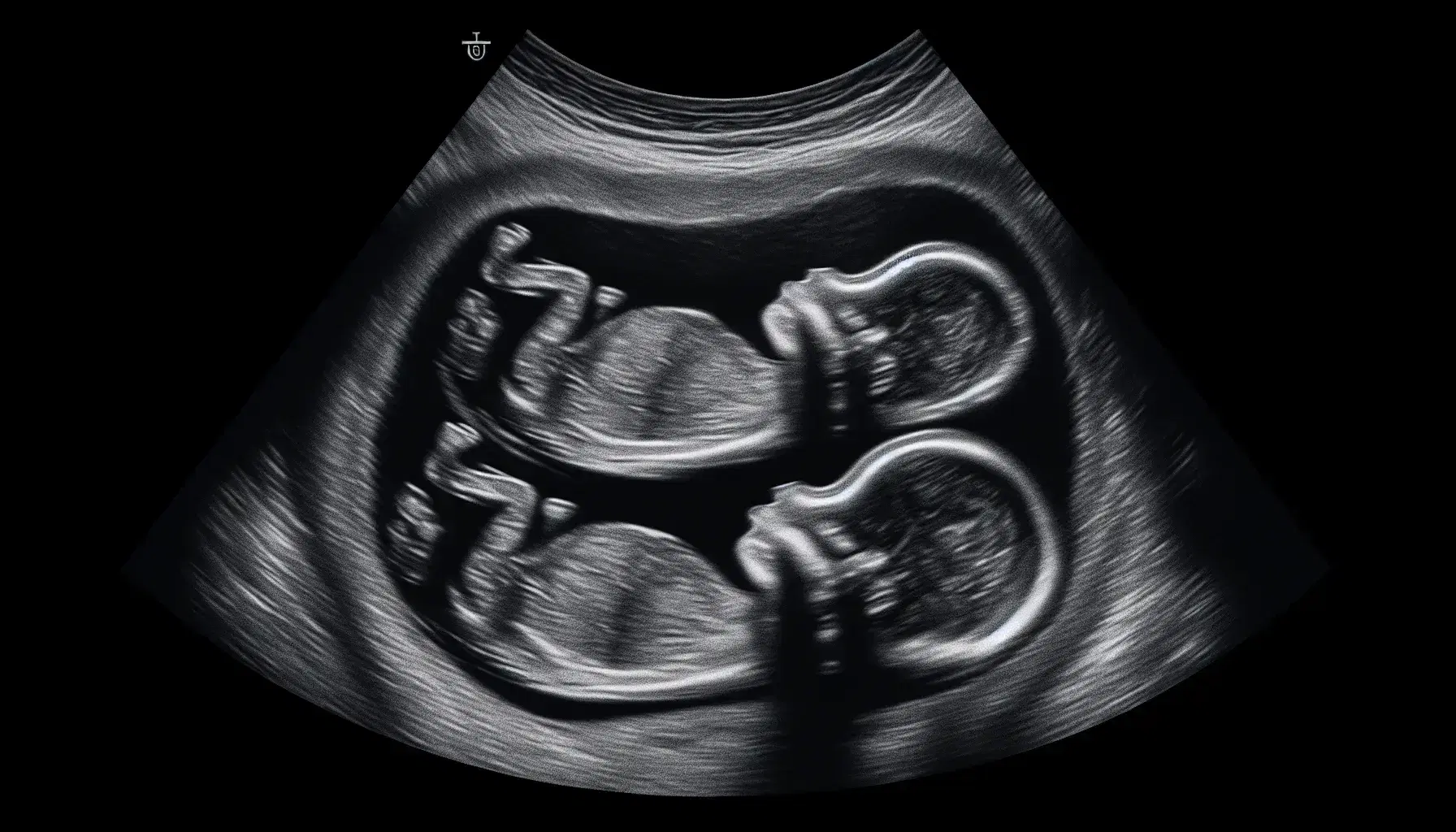 Ecografía de gemelos con perfiles fetales visibles, mostrando cabezas, cavidades oculares y cuerpos con extremidades plegadas en posición fetal.