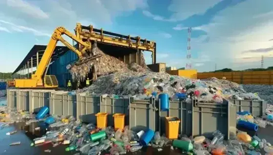 Centro di riciclaggio all'aperto con pala meccanica gialla che movimenta rifiuti plastici colorati in una giornata soleggiata.