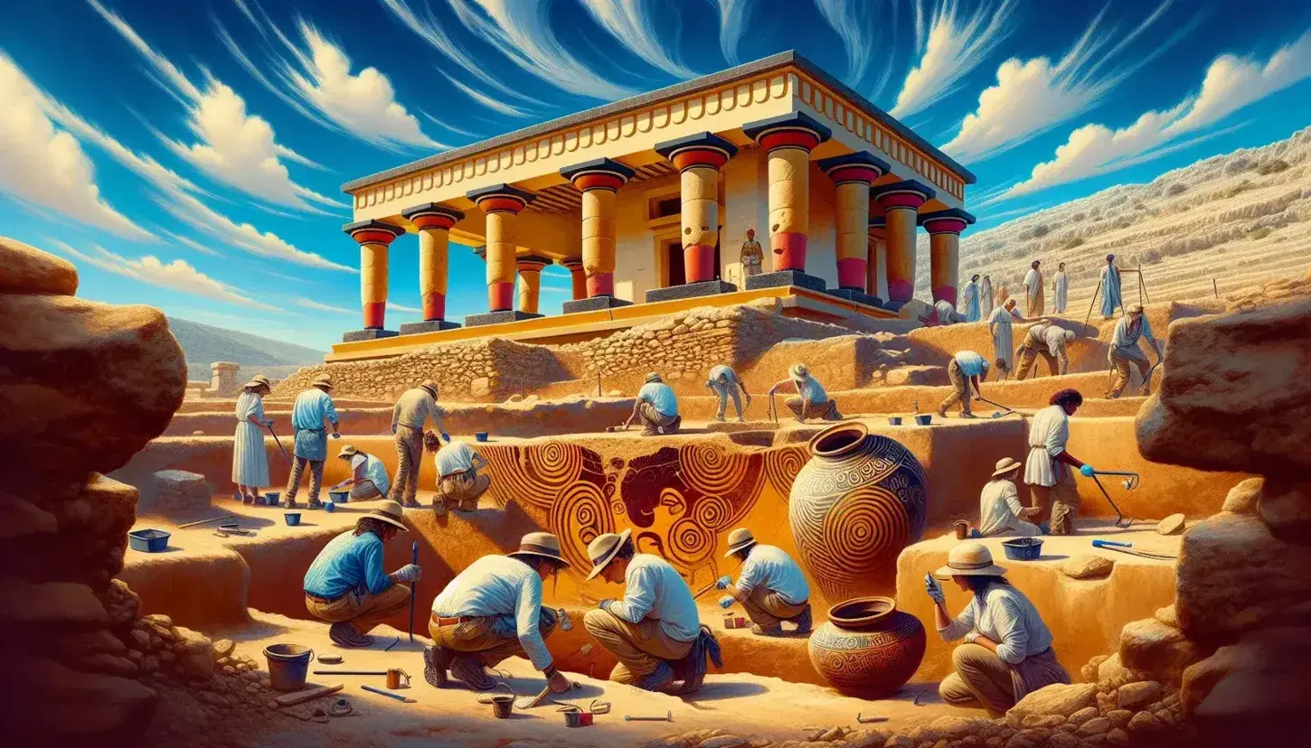 Scavo archeologico in Creta con archeologi al lavoro tra colonne minoiche, vaso ceramico decorato e frammenti di affreschi, sotto un cielo azzurro.