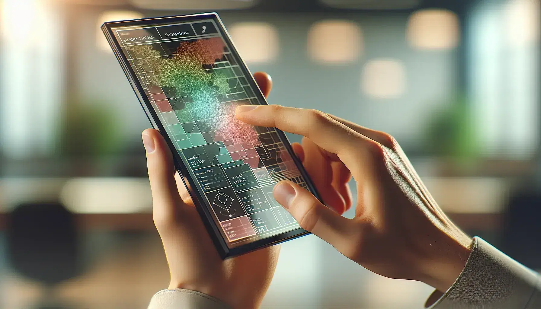 Mano sosteniendo una tableta con pantalla táctil mostrando un mapa interactivo con polígonos de colores en un entorno de oficina desenfocado.
