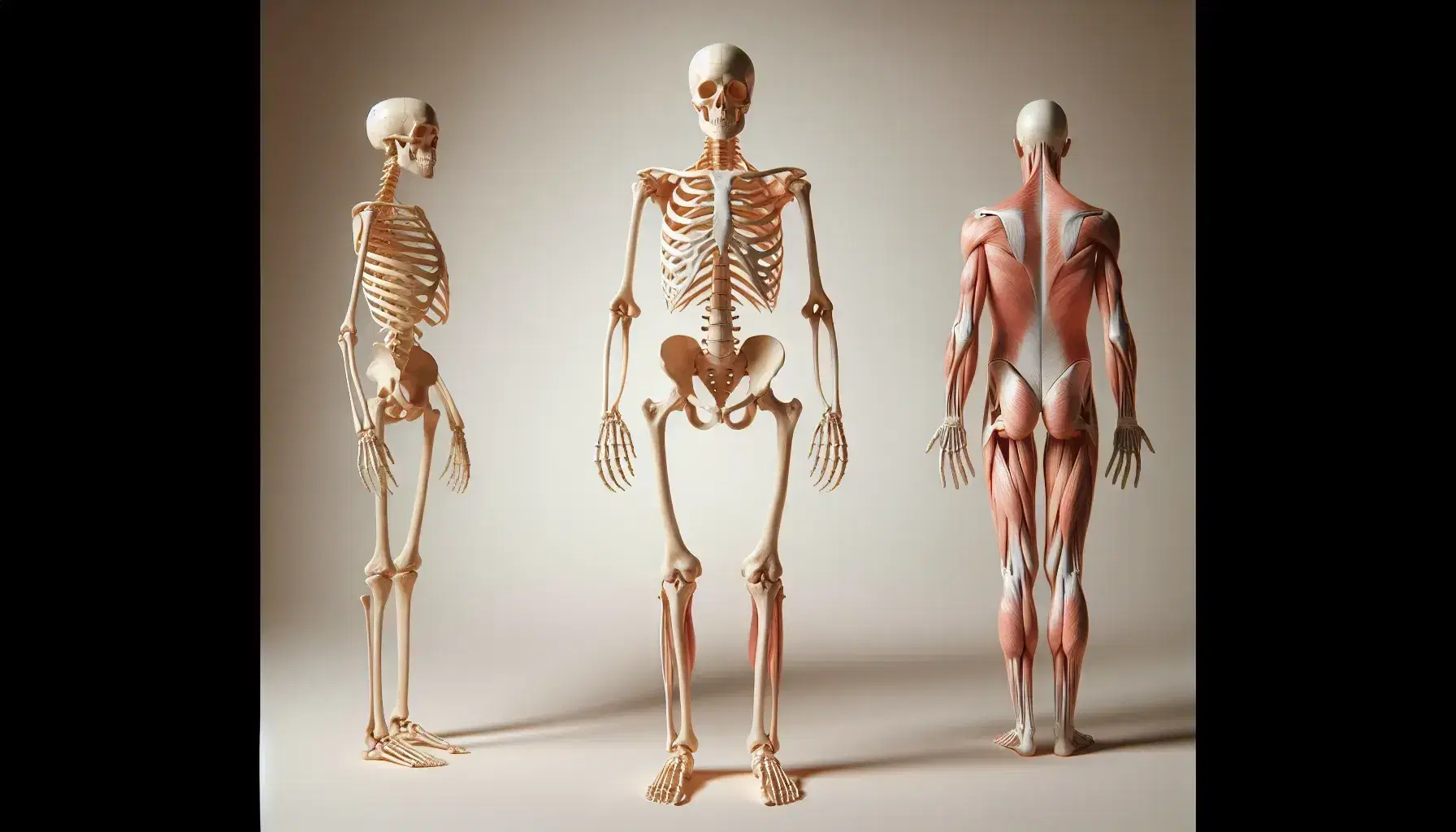Esqueleto humano completo y figura muscular en postura frontal sobre fondo neutro, mostrando detalles óseos y fibras musculares en tonos rojizos.
