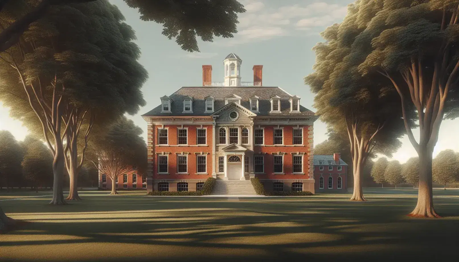 Historical red brick educational building with white trims, central entrance, and pitched roof, set against a clear blue sky with lush green lawn and mature trees.