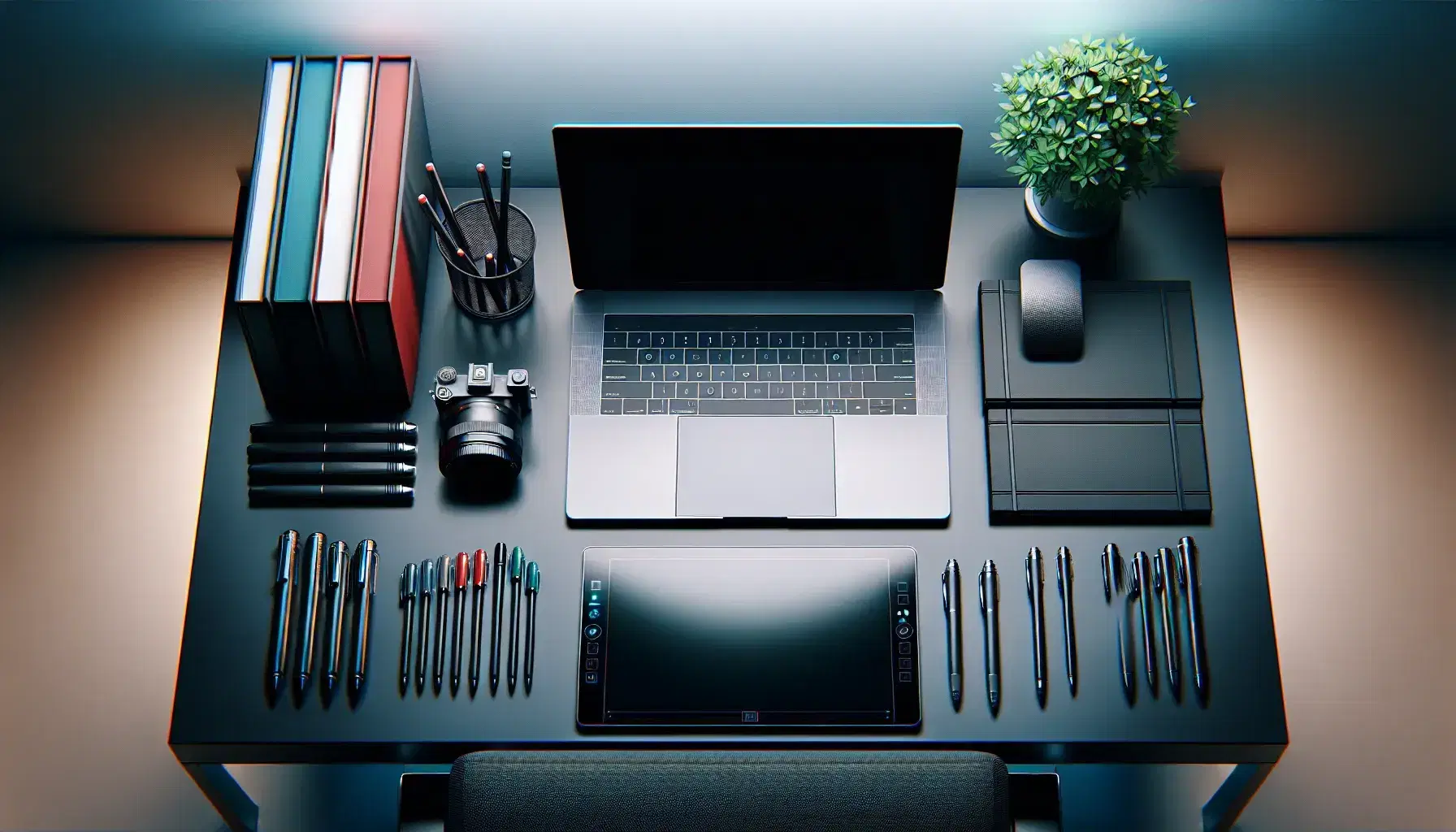 Organized desk with open laptop, tablet with stylus, colorful books, cup and plant, in bright environment.