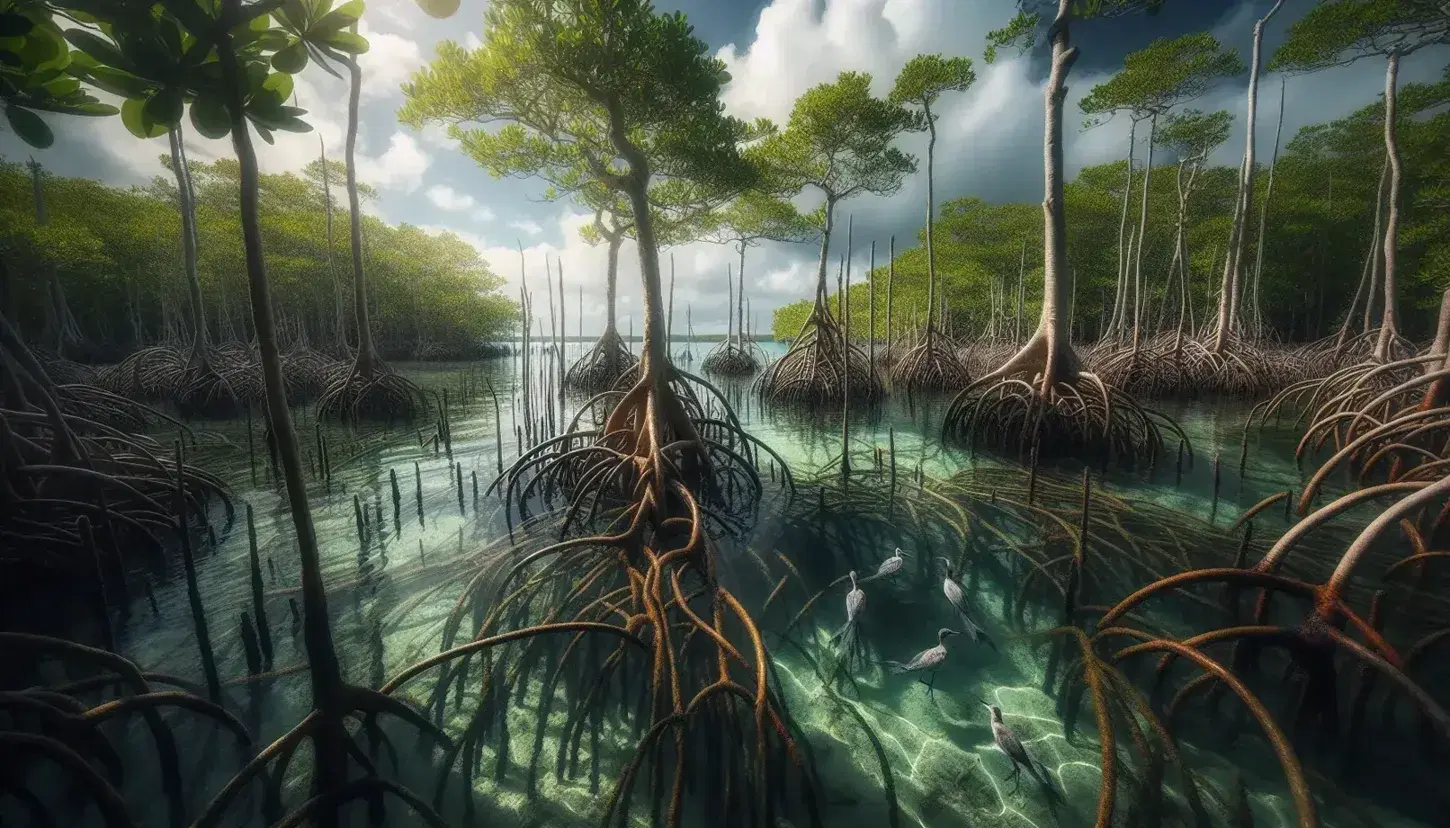 Vista panorámica de un manglar en el Caribe colombiano con raíces aéreas, troncos robustos, aves en las ramas y reflejos en aguas claras.