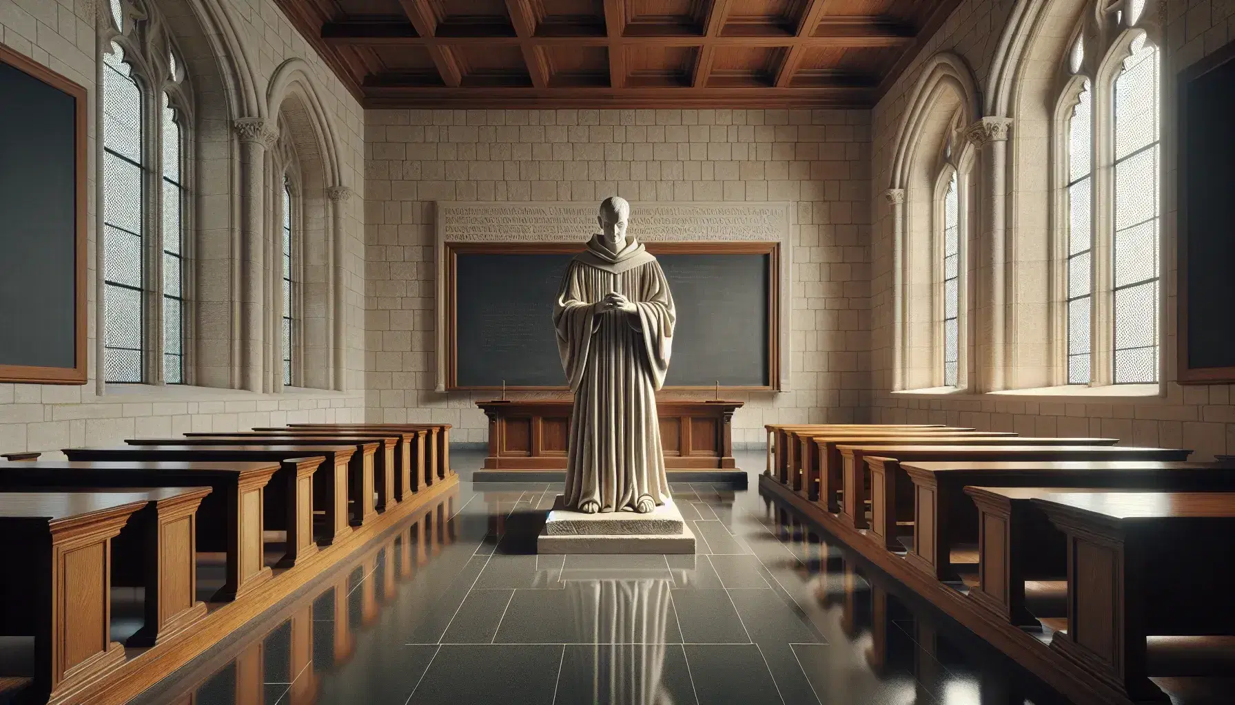 Estatua de San Tomás de Aquino en aula universitaria antigua con bancos de madera, pizarra vacía y estantes con libros bajo luz natural.