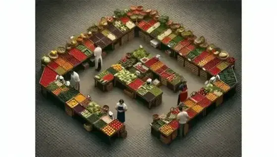 Mercato all'aperto con banchi di frutta e verdura fresca, venditori al lavoro e clienti in un'atmosfera vivace e soleggiata.