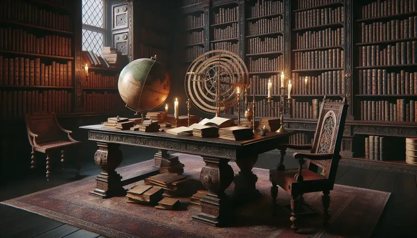 Biblioteca antica con scaffali di libri in pelle, tavolo con volumi aperti, globo terrestre, astrolabe in ottone e tappeto persiano.