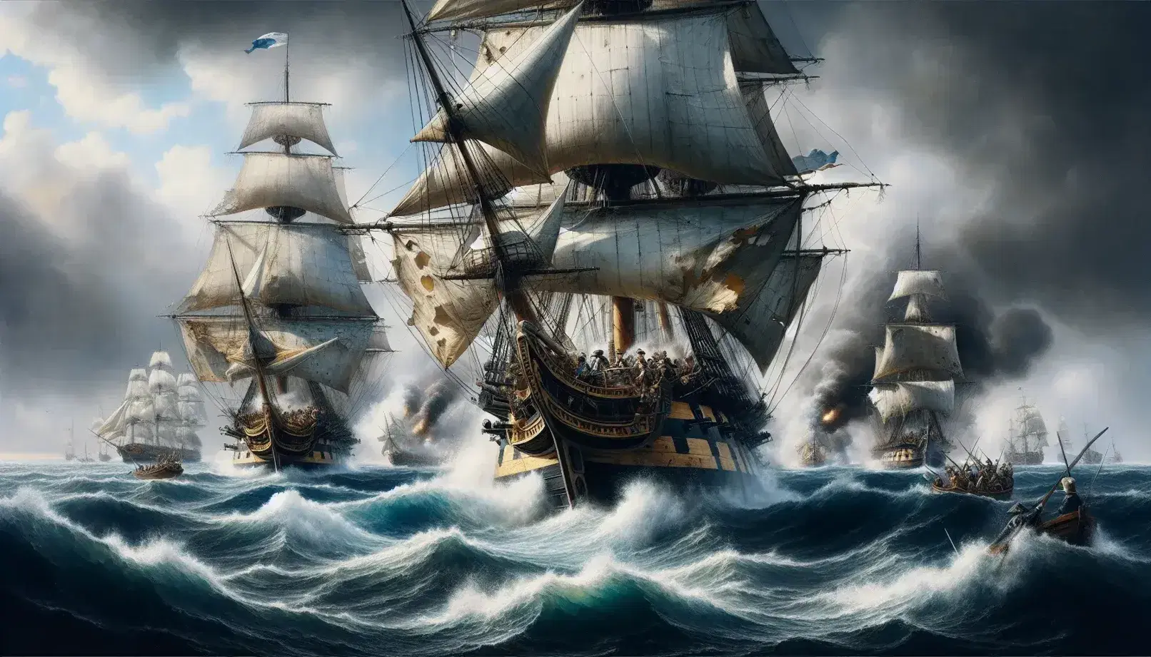 Due vascelli da guerra del XVIII secolo si scontrano in mare agitato, con vele strappate e fumo nero da colpi di cannone.