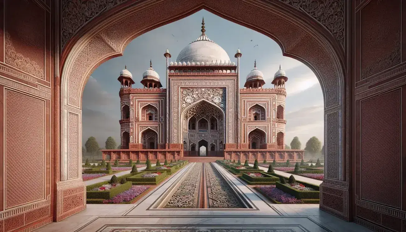 Majestic Mughal architecture with ornate red sandstone gateway, white marble mausoleum with central dome, symmetrical garden pathways, and clear blue sky.