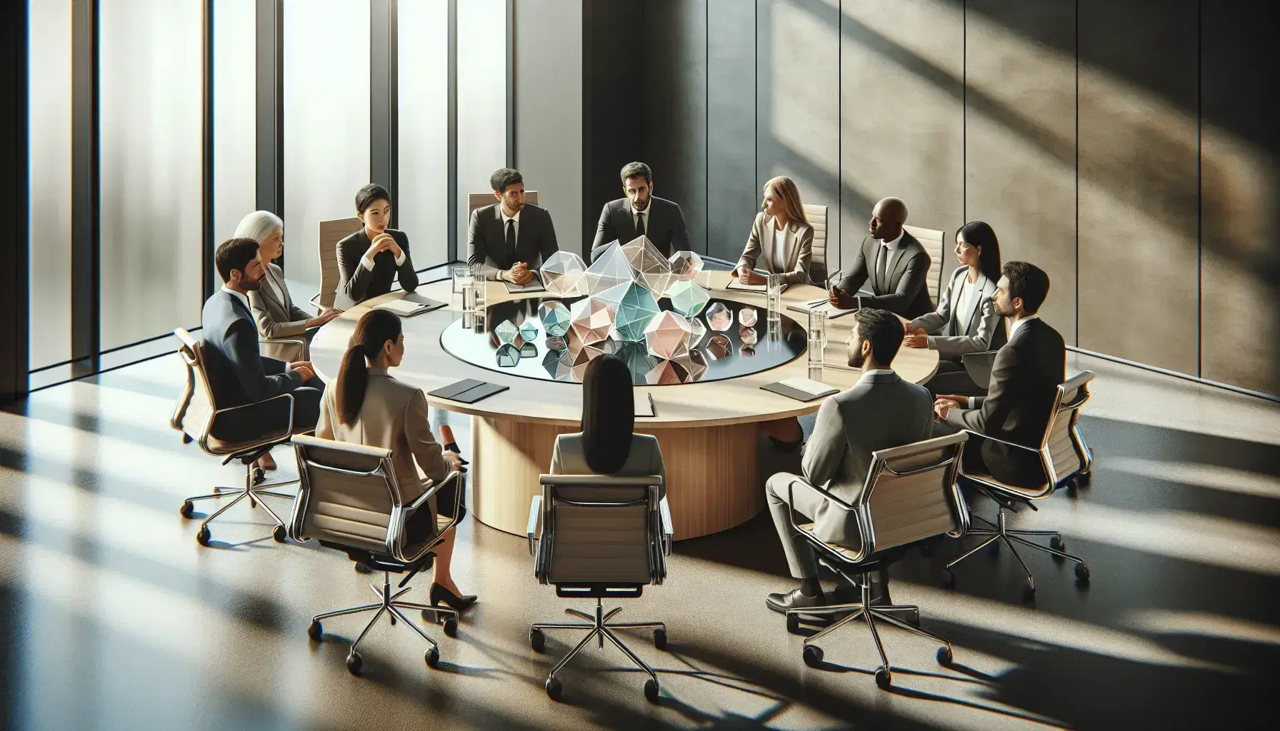 Diverse professionals in a meeting around a circular table with translucent geometric shapes, in a bright room with large windows.