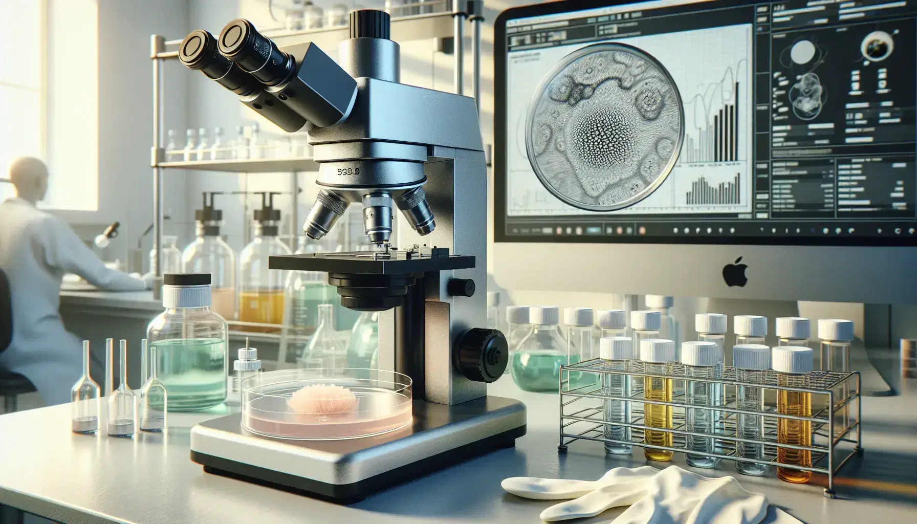 Laboratorio de investigación biomédica con microscopio electrónico y muestra de tejido en plato de Petri, guantes de látex y frascos de líquidos coloreados en estante.