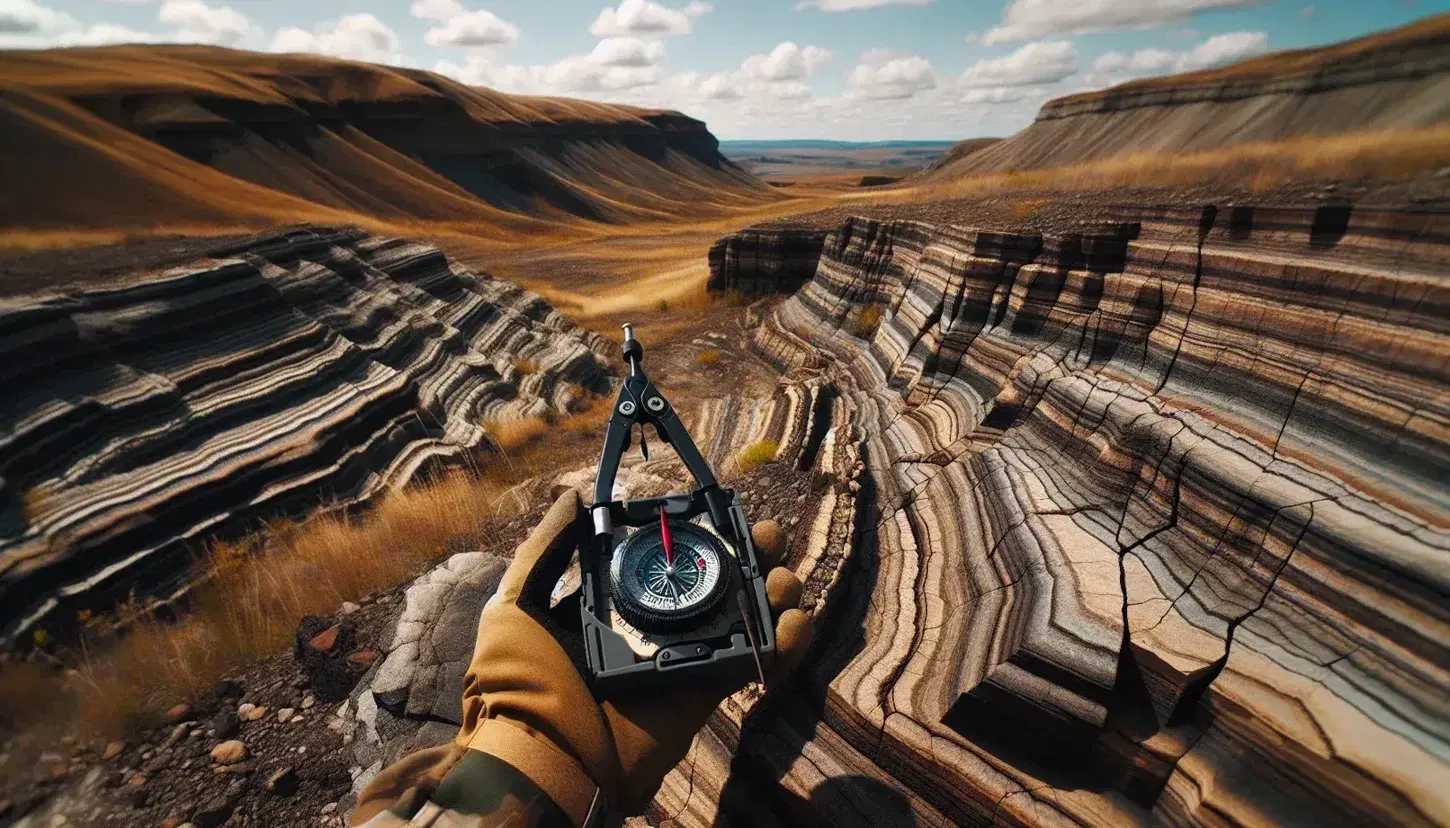 Mano con guante sosteniendo brújula geológica sobre capas estratificadas de roca sedimentaria en terreno rocoso con colinas suaves y cielo azul al fondo.