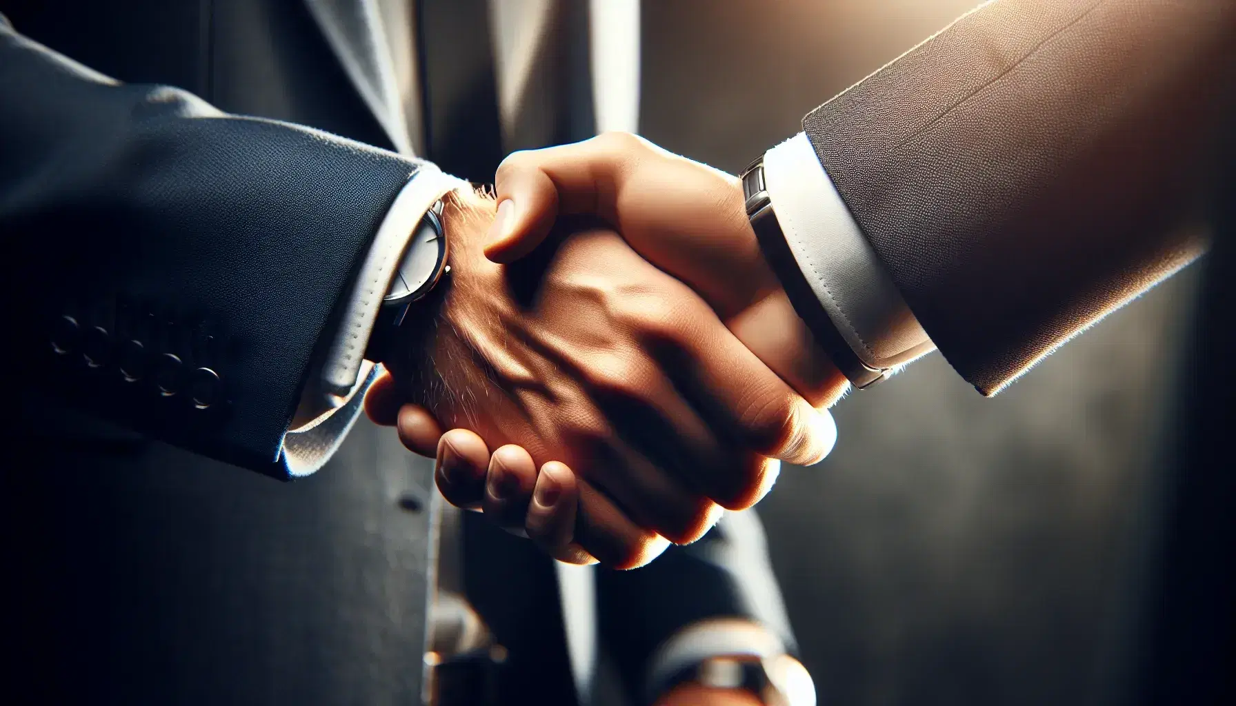 Two professionals in business attire engaging in a firm handshake, symbolizing partnership or agreement, with a blurred office background.