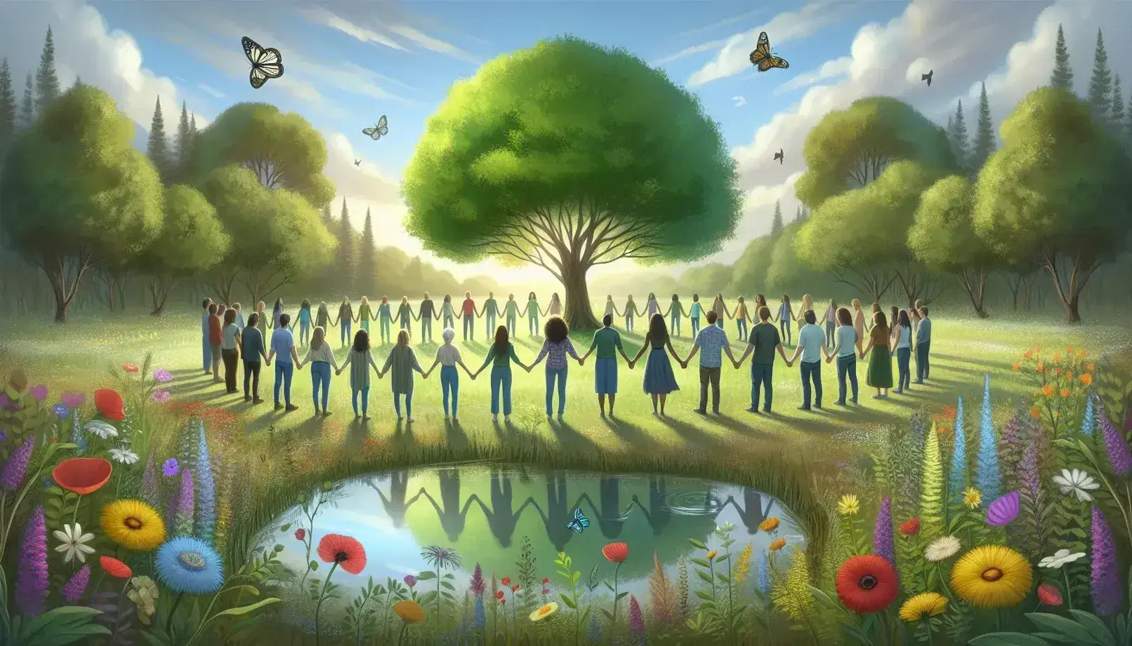 Grupo diverso de personas unidas de la mano en círculo alrededor de un árbol en un campo verde, con un estanque y mariposas cerca de flores silvestres.
