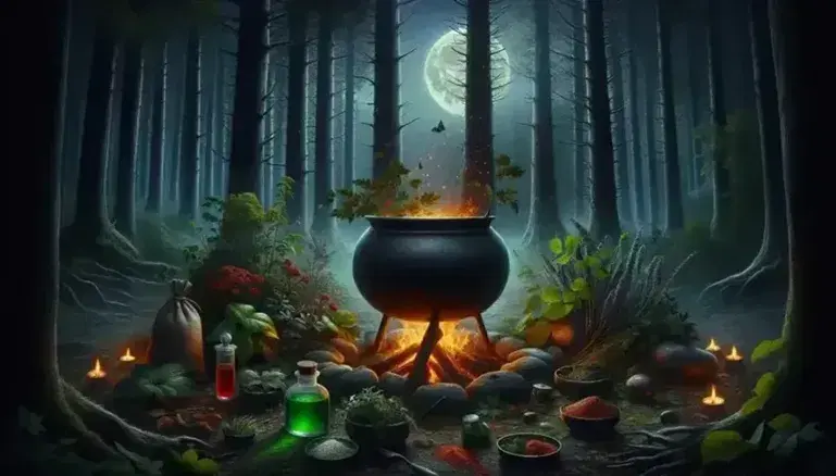 Scena notturna in una foresta con calderone nero su fuoco, ingredienti magici sparsi, alberi alti e figura incappucciata che versa sostanze.