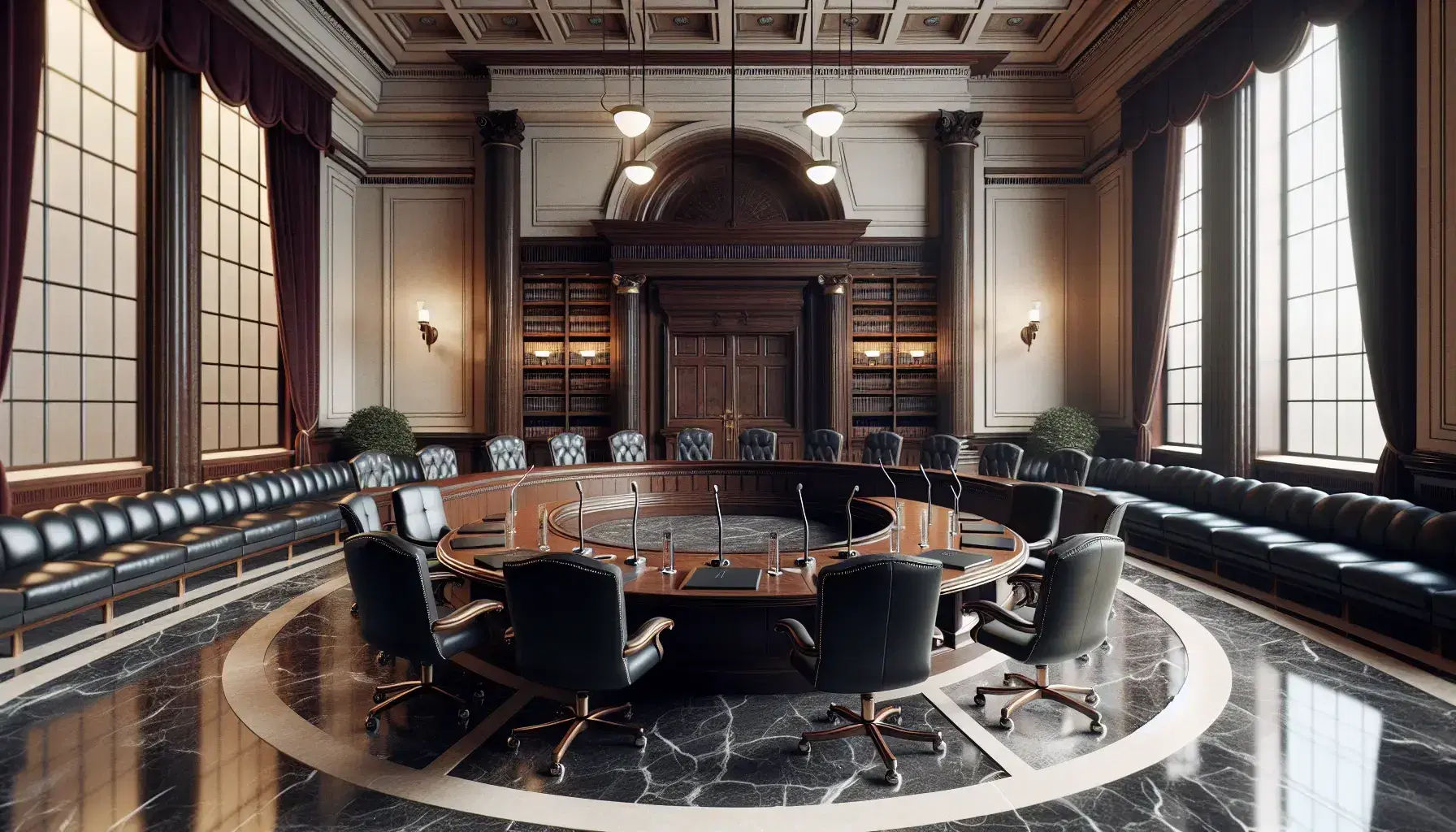 Sala de tribunal majestuosa con mesa semicircular de madera oscura, sillas altas de cuero negro, micrófonos, mesas con carpetas y cortinas de terciopelo rojo.