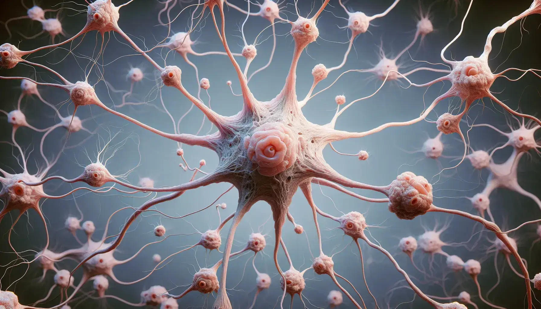 Vista microscópica de neuronas interconectadas con un cuerpo celular central y extensiones ramificadas en tonos de rosa y marrón sobre fondo azul.