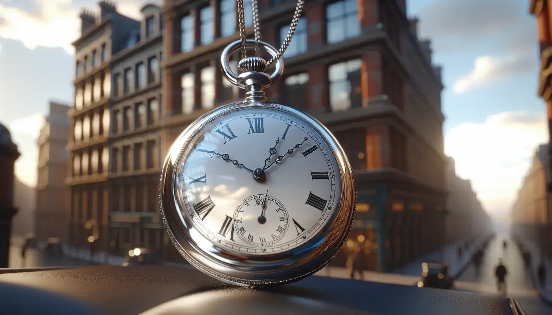 Orologio da tasca vintage con catena, quadrante bianco, numeri romani neri, cassa metallica lucida, sfondo sfocato di paesaggio urbano antico.