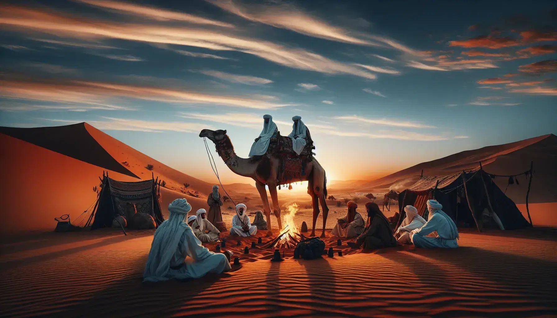 Tramonto nel deserto con Beduini intorno a un fuoco, cammello a riposo e tende sullo sfondo, cielo sereno.