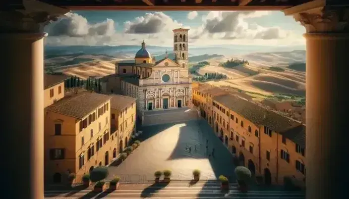 Panorama di Pienza con architettura rinascimentale, cattedrale e torre campanaria su cielo azzurro, piazza lastricata e colline toscane.