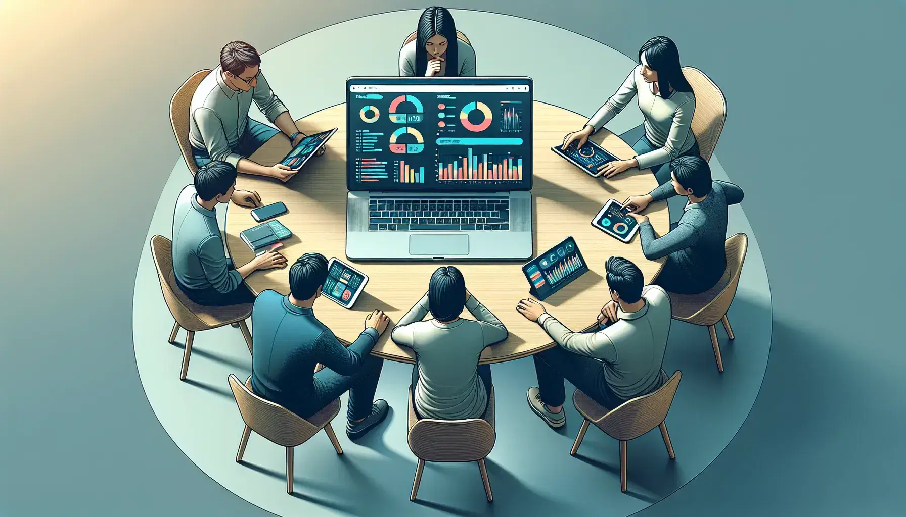 Grupo de tres profesionales trabajando en análisis de datos con dispositivos electrónicos sobre una mesa redonda en una sala de reuniones iluminada suavemente.