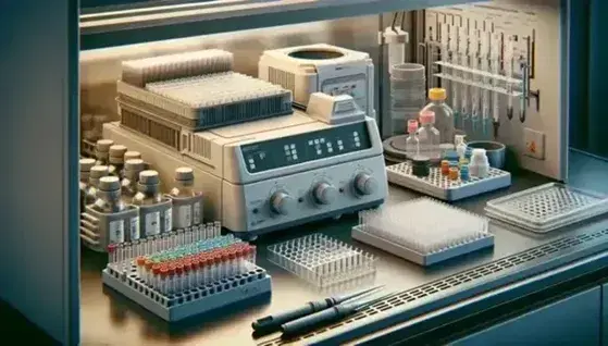 Close-up of scientific equipment in molecular biology laboratory with open thermocycler, microcentrifuge and pipettes.