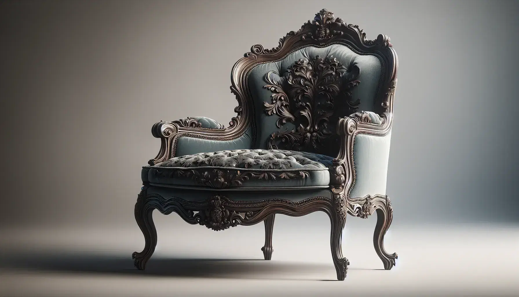 Elegant Rococo-style French armchair with dark wood carvings and plush royal blue tufted upholstery against a soft gray background.