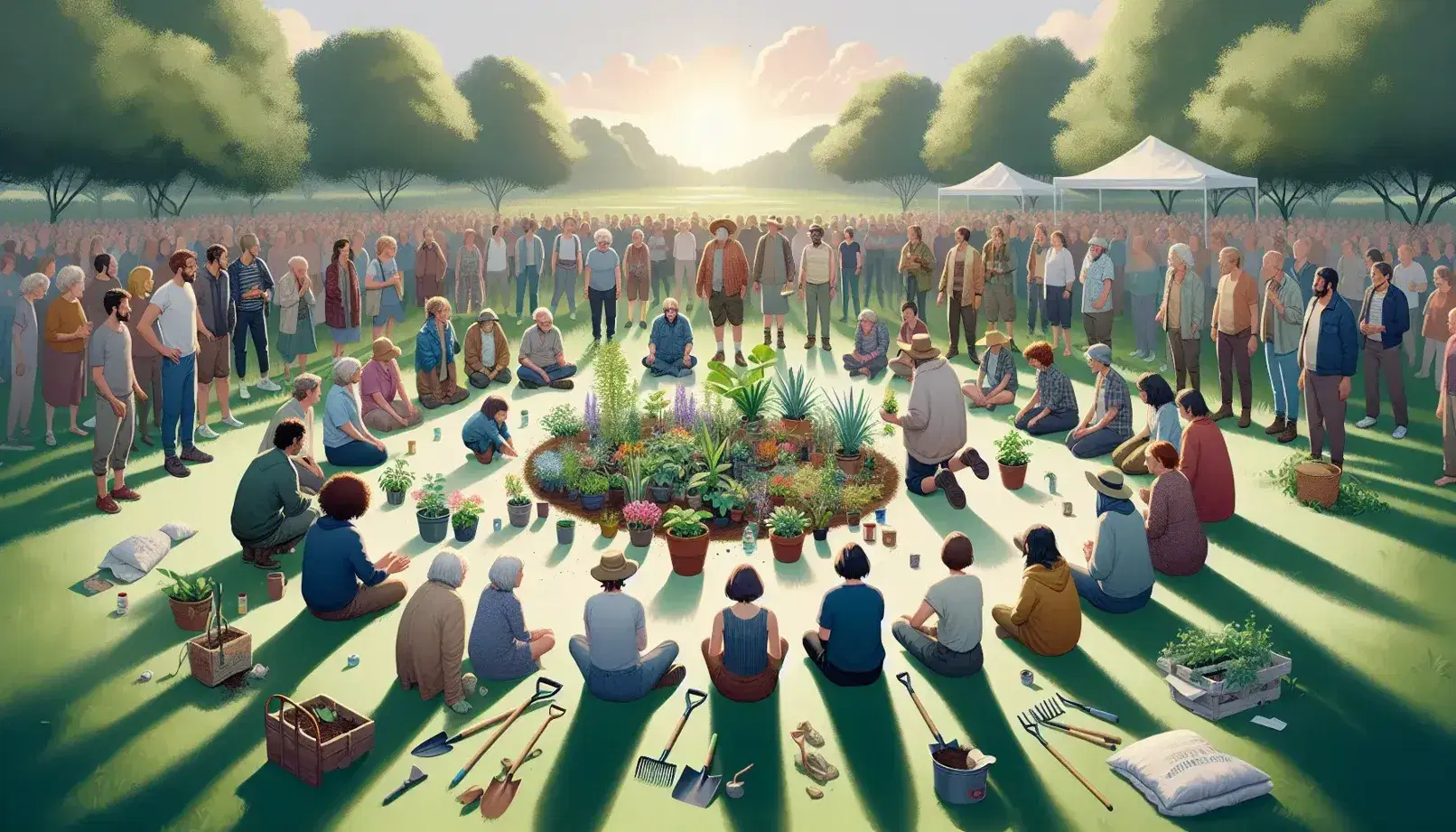 Grupo diverso de personas participando en jardinería comunitaria al aire libre, rodeando plantas y herramientas de jardín en un día soleado.