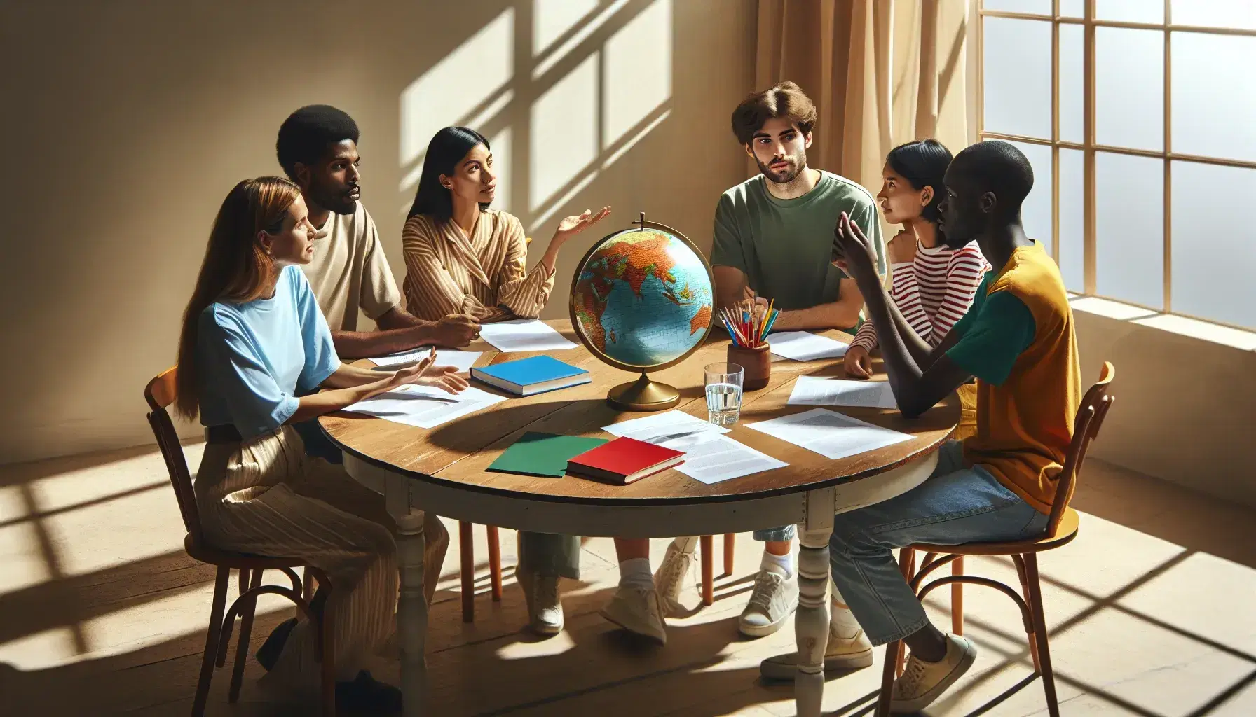 Grupo diverso de cinco personas en reunión alrededor de una mesa redonda con un globo terráqueo y libros, en una sala iluminada naturalmente.