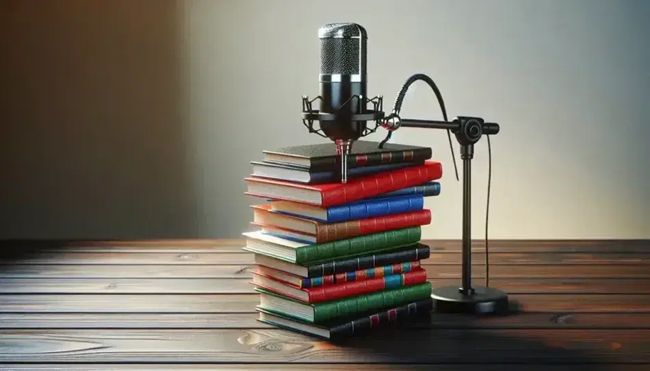 Microfono da studio con filtro anti-pop posizionato sopra una pila di libri colorati su tavolo in legno scuro, sfondo chiaro.