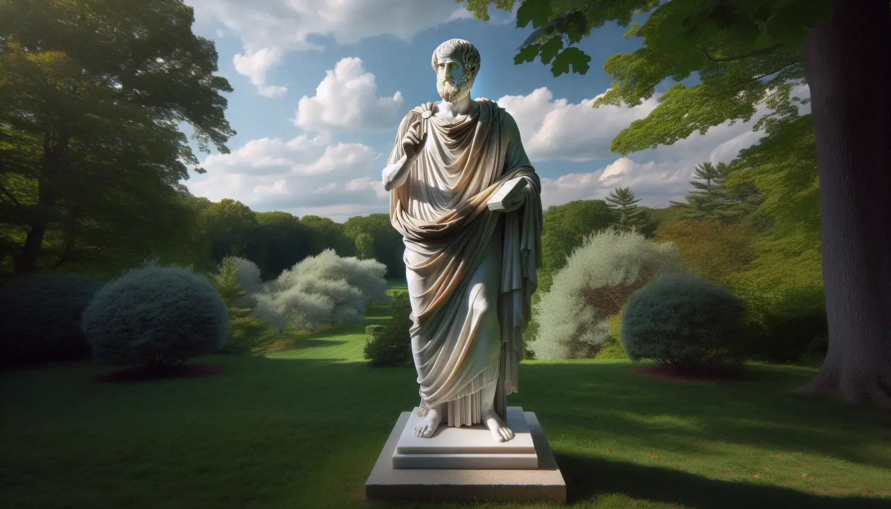 Estatua de mármol blanco de Aristóteles en un entorno natural, de pie con toga y sosteniendo un pergamino, bajo un cielo azul con árboles verdes.