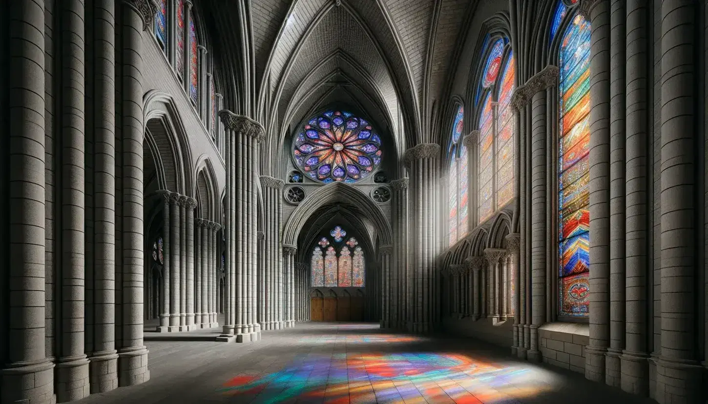 Interior gótico de catedral con vitral colorido, arco apuntado en primer plano y bóveda de crucería al fondo, reflejando luz multicolor.