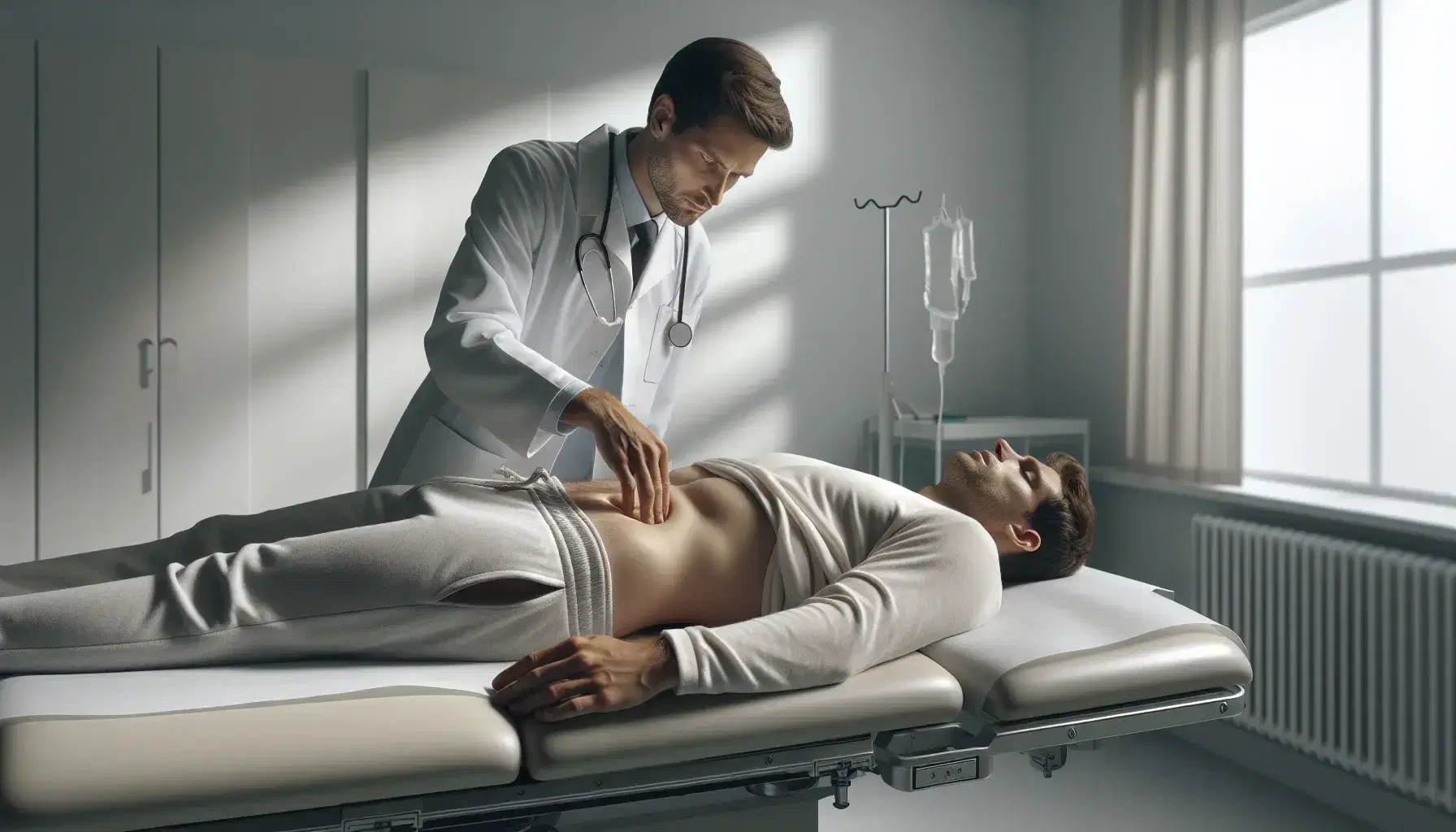 Medico in camice bianco esegue percussione addominale su paziente disteso su lettino medico in ambiente luminoso e professionale.