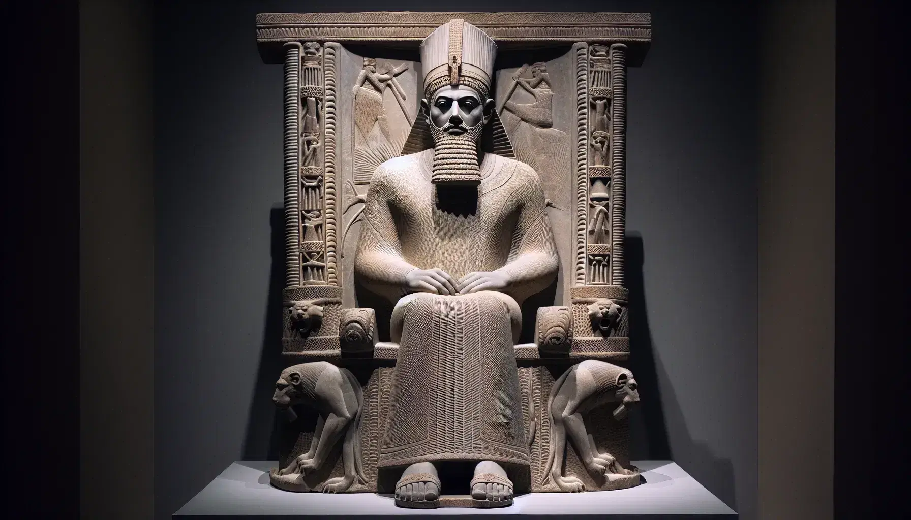 Statua in pietra chiara di Assurbanipal seduto su trono ornato, con tiara decorata, barba riccioluta e sandali lavorati, sotto luce che ne esalta i dettagli.