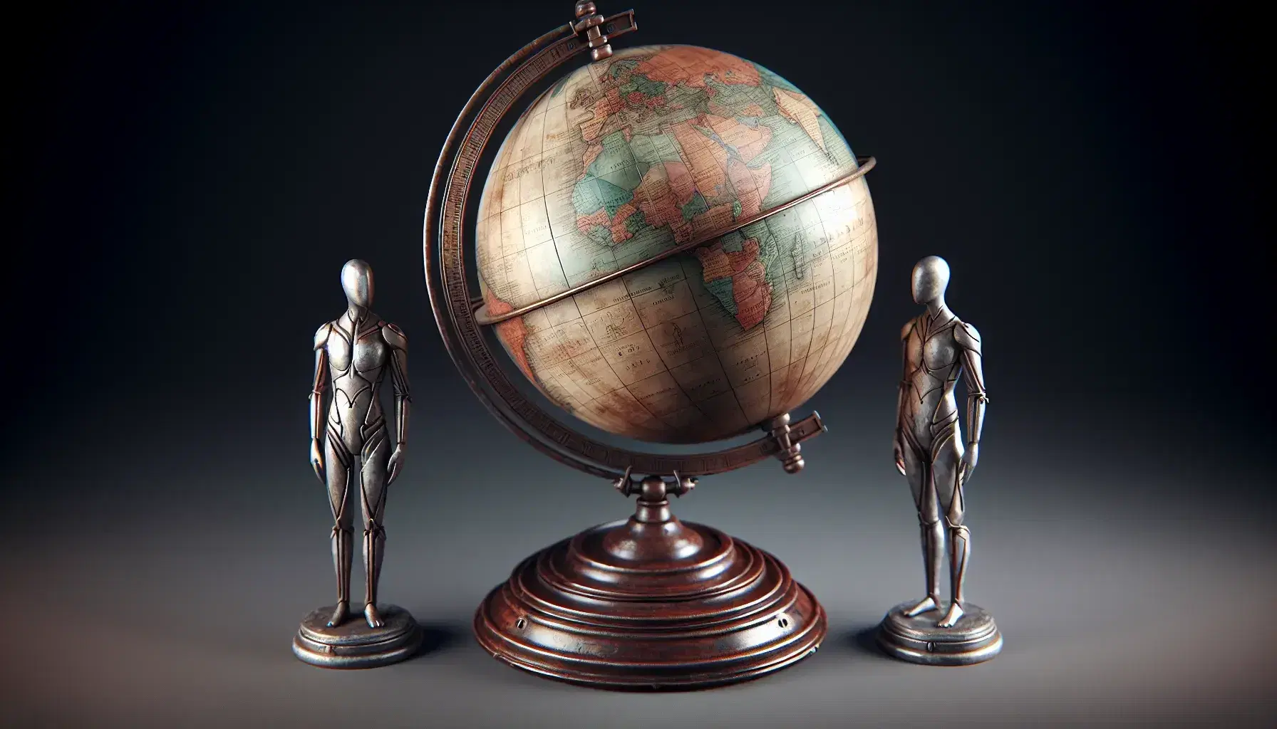 Globo antiguo de estilo vintage con tonos suaves sobre soporte de madera oscura y figuras metálicas estilizadas a los lados.